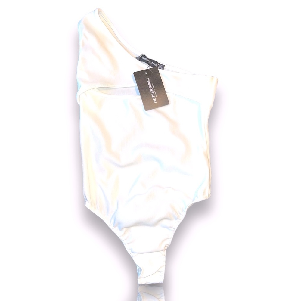 Pretty Little Thing Lot Of 2 Tops, White  Rib Cut‎ Out One Shoulder Bodysuit, &